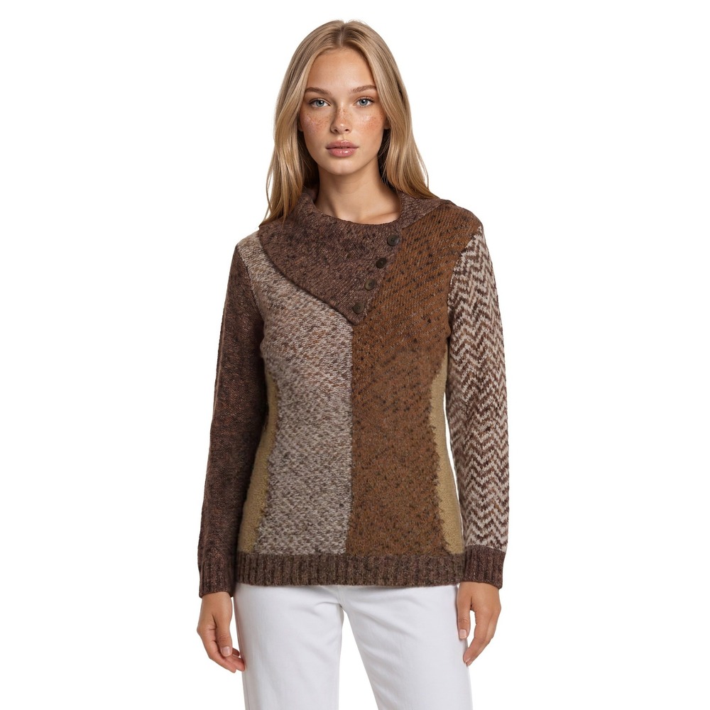 Coldwater Creek Sweater Women's Size Medium Brown Patchwork Shawl Collar Fall